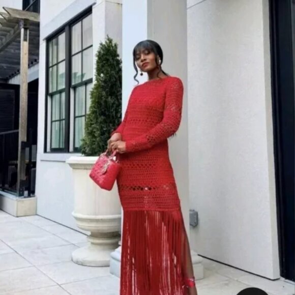 NWT ZARA Stunner Red fringe crochet dress with slip (S) - Picture 10 of 10